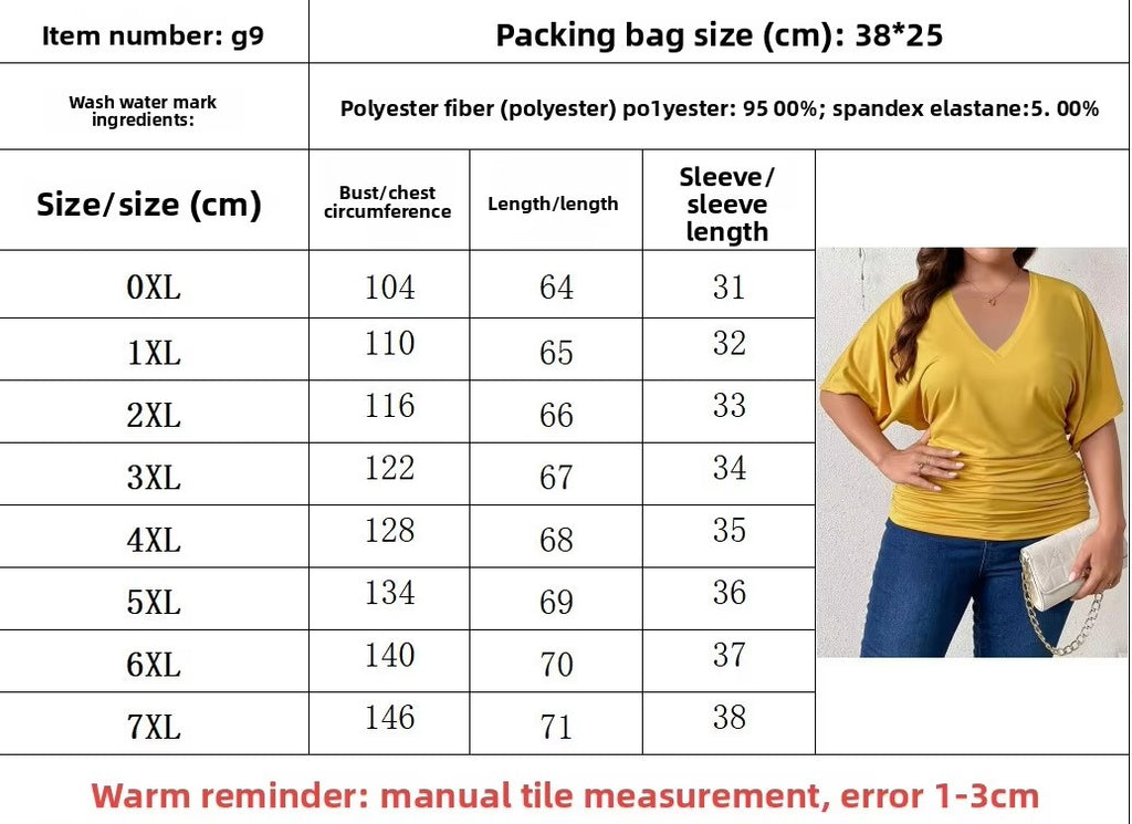 Plus Size Women Summer V-Neck T-Shirt Loose Short Sleeve