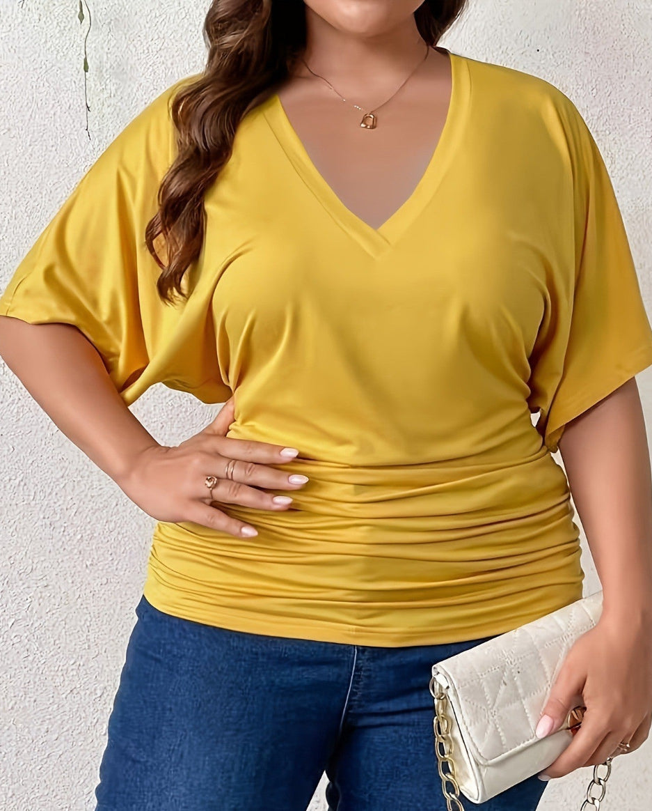 Plus Size Women Summer V-Neck T-Shirt Loose Short Sleeve